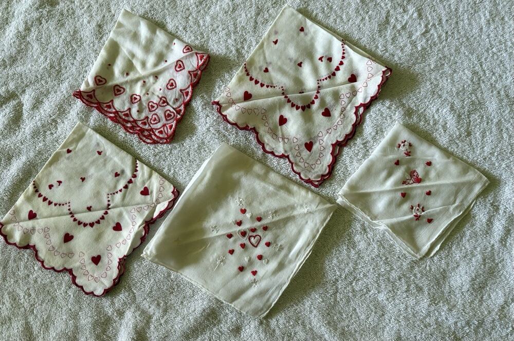 Vintage Handkerchief Hearts Love Valentine Lot of 5 Embroidered Screen Print